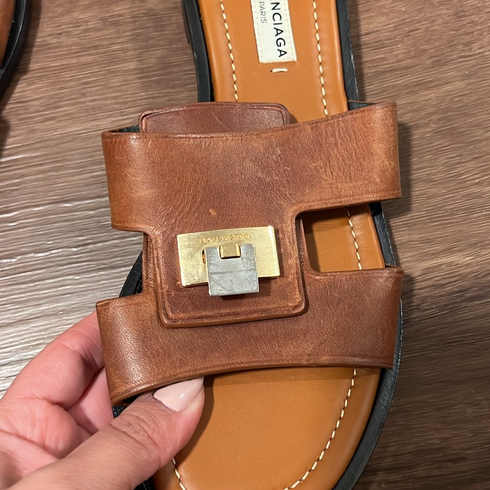 Balenciaga Brown Leather Flip Lock Flat Slides Size 36 - Picture 6 of 7